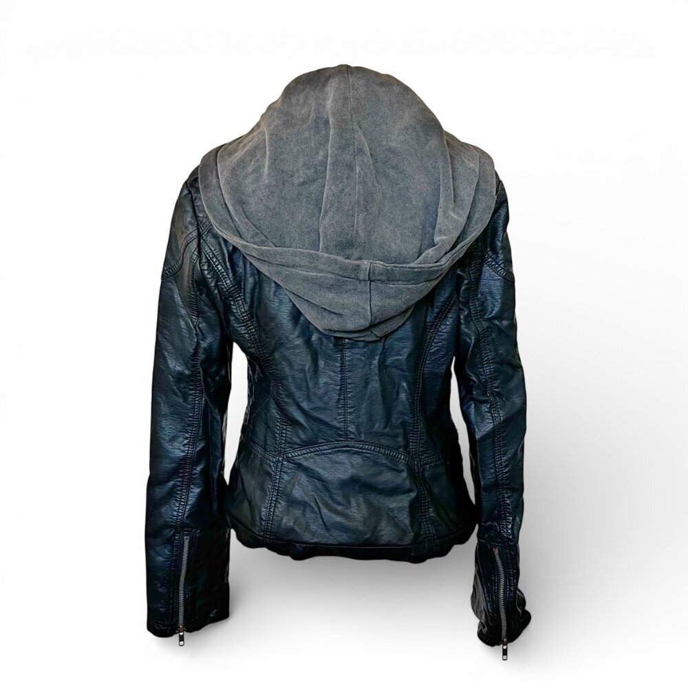 Free People Cleo Leather Moto Black Hooded Jacket Soft Grunge Hot Girl Elevated - Picture 3 of 14